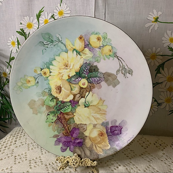 Antique Other - Antique hand painted Bavaria Germany yellow rose gold trim wall art plate
